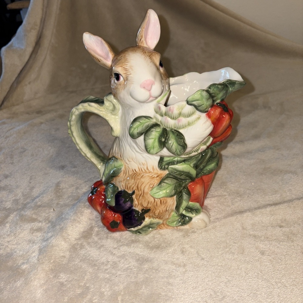 Vtg Corner Ruby Bunny Pitcher Vegetables lettuce Rabbit Country Chef Ceramic